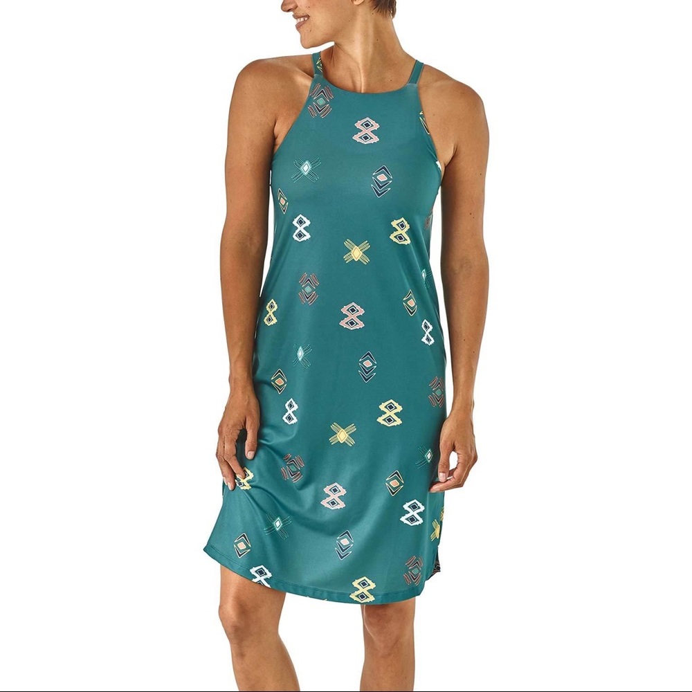 Patagonia Women’s Teal Sliding Rock Dress with Open Back Cowl Detail Size M